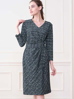 Navy Tweed Print V-neck Daily Dress