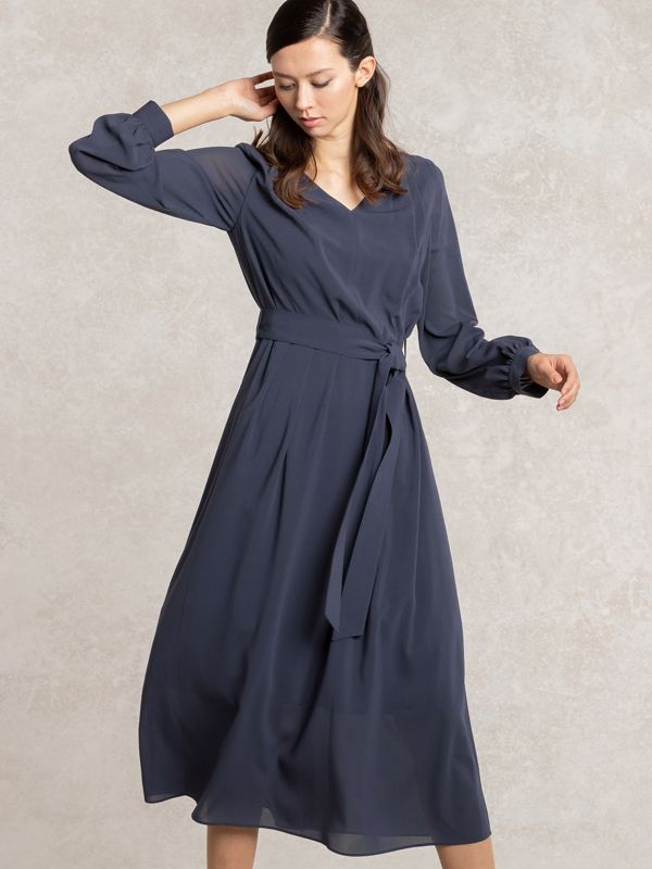 【ストレッチシフォン】 ネイビー シフォンロングワンピース