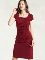 Red Square Neck Side Gather Dress