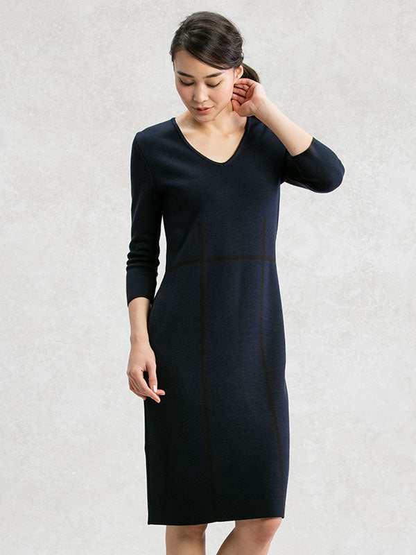 【洗えるニット】ネイビー ラインニットワンピース
