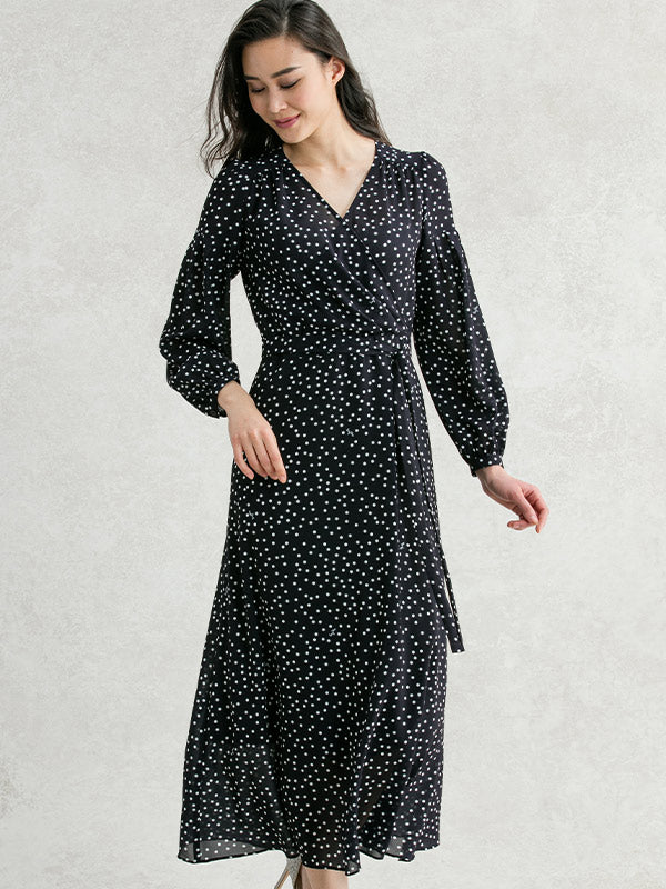 【ストレッチシフォン】 ネイビータイニードット シフォンカシュクールロング