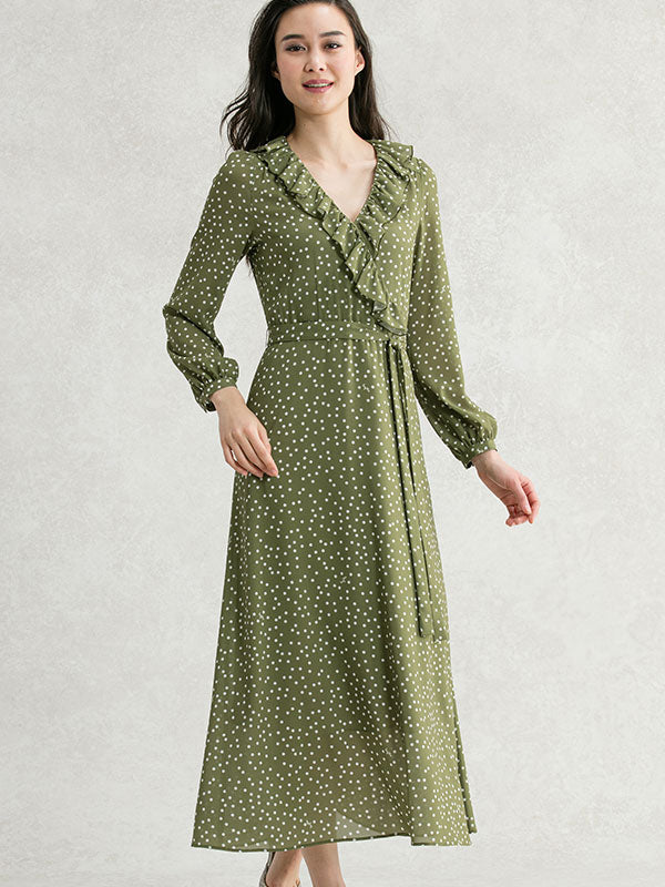 【ストレッチシフォン】カーキタイニードット シフォンフリルロング