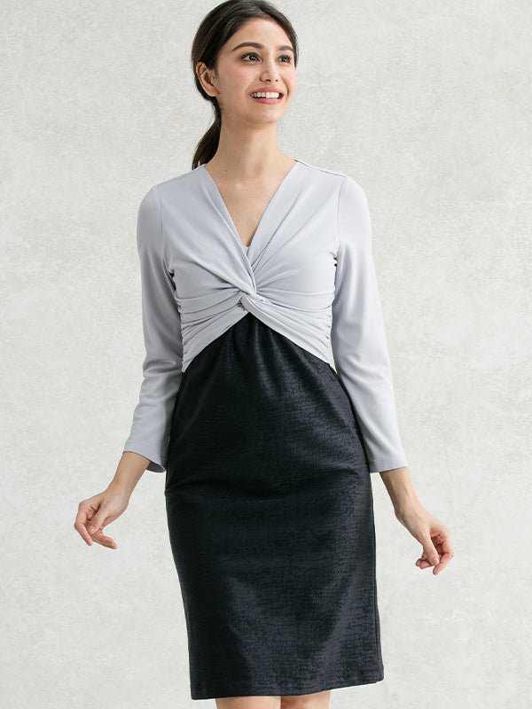 【Set-up】Lavender x Navy Jacquard Docking Twist Dress