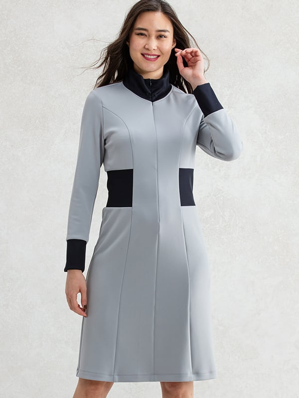 Gray x Navy High-neck Blouson Dress