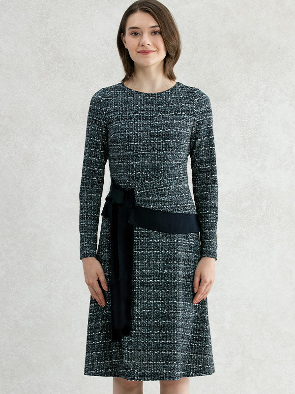 Navy Tweed Print A-line Docking Dress