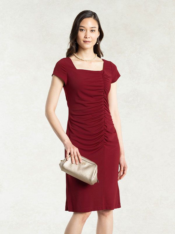 Red Square Neck Side Gather Dress
