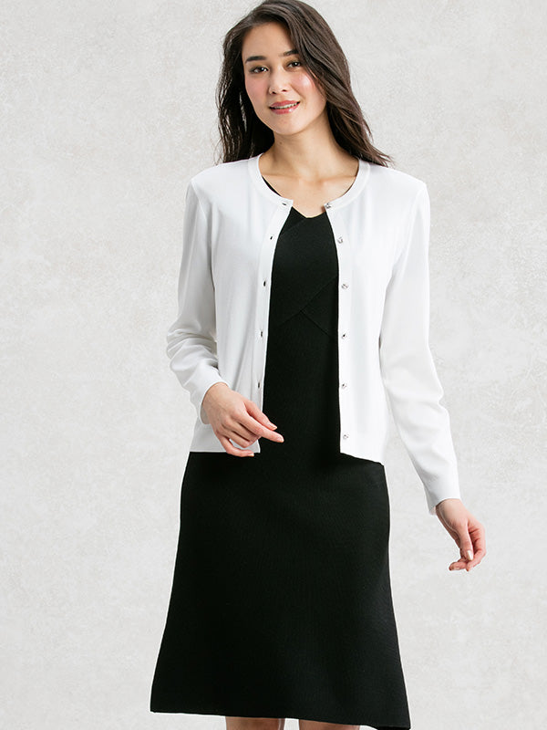 【Washable Knit】White Crew-neck Cardigan