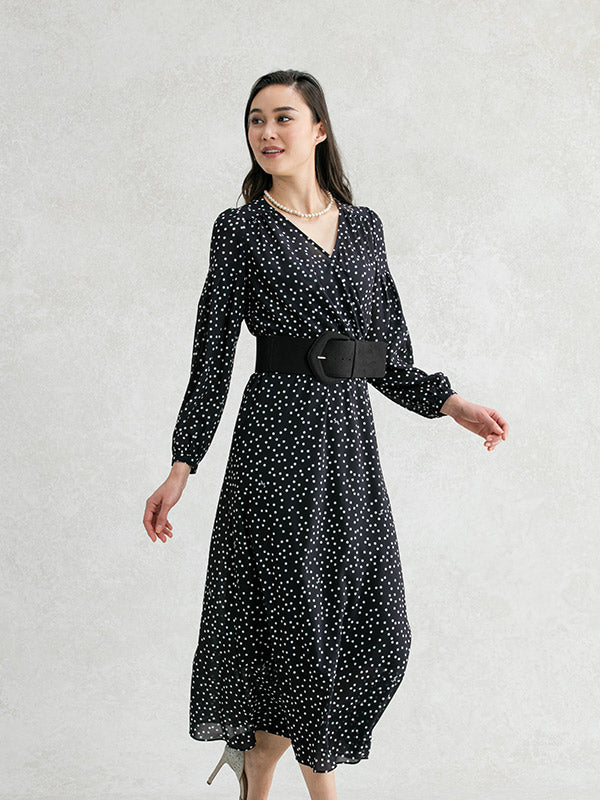 【ストレッチシフォン】 ネイビータイニードット シフォンカシュクールロング