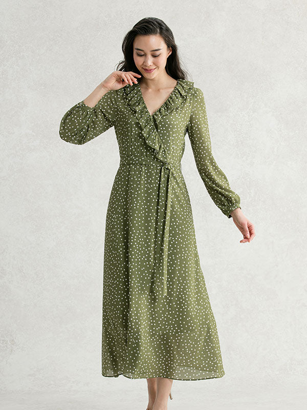 【ストレッチシフォン】カーキタイニードット シフォンフリルロング