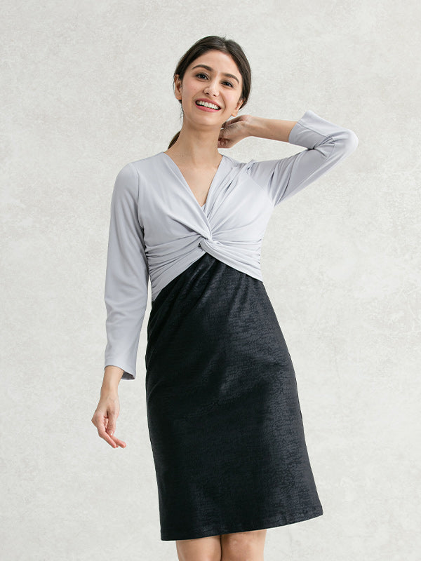 【Set-up】Lavender x Navy Jacquard Docking Twist Dress