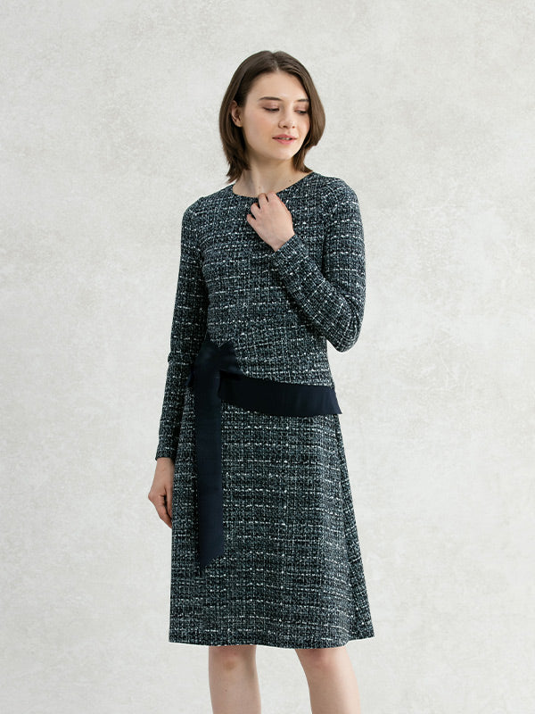 Navy Tweed Print A-line Docking Dress