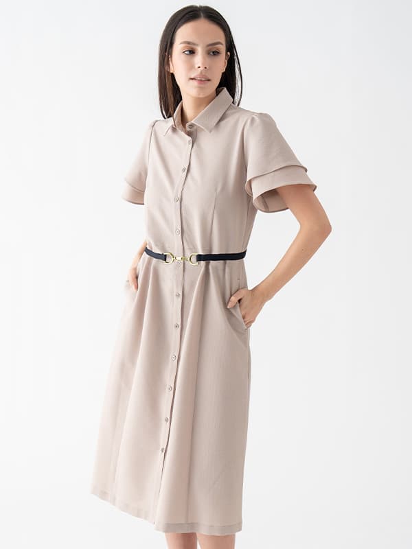 【ストレッチ】ベージュ×ブラック ボウタイ付きシャツワンピース