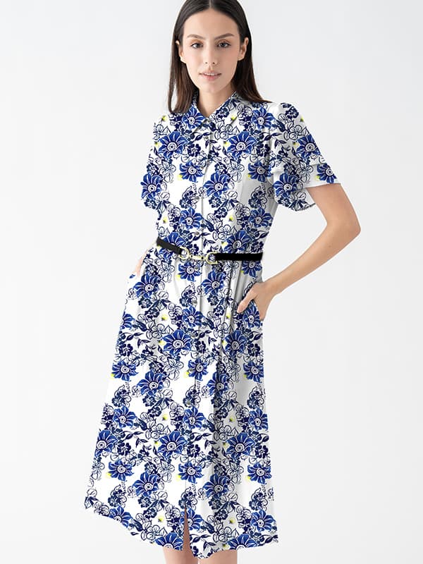 【ストレッチシフォン】藍ほたる ボウタイ付きシャツワンピース