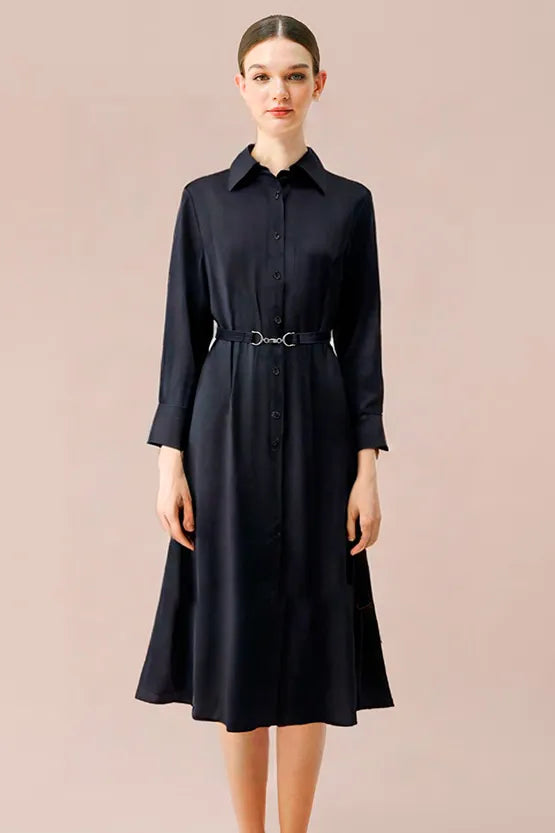 [Smart Stretch Light] Dark navy shirt dress with bowtie