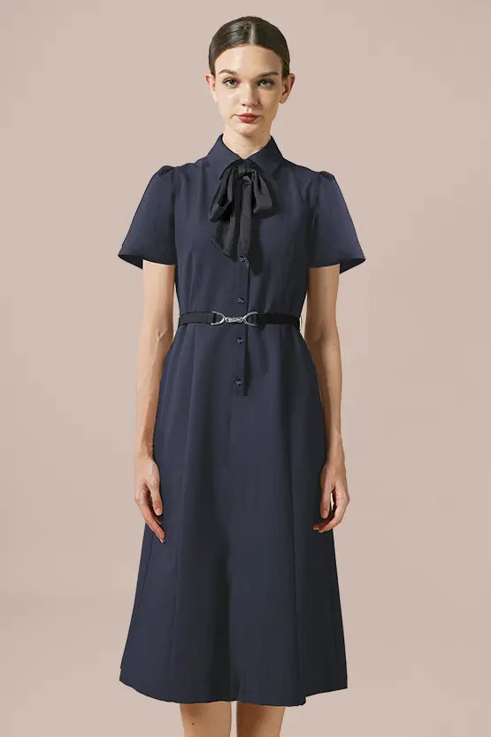 Stretch Seersucker Bow-tie Shirt Dress