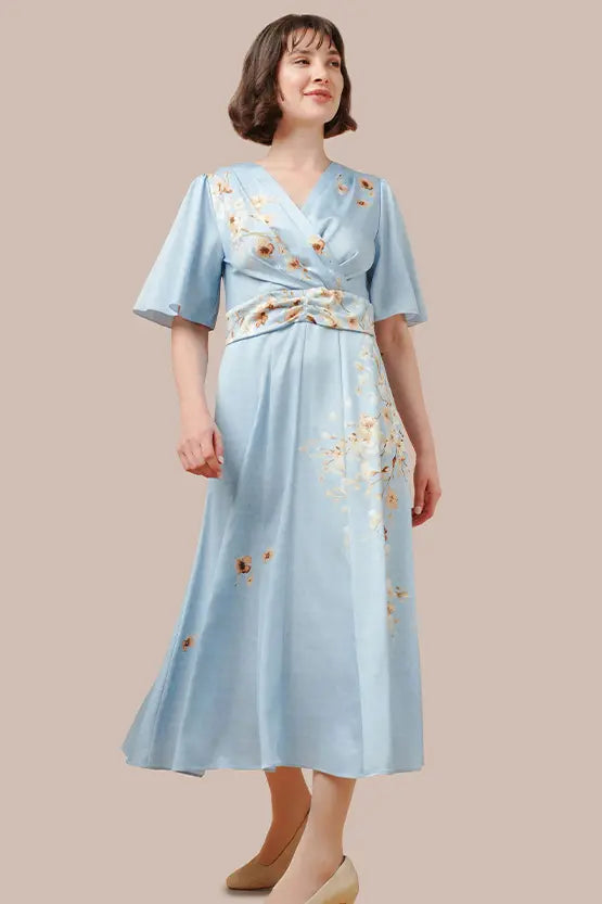 【ストレッチジョーゼット】SAKURA ベル袖フレアワンピース