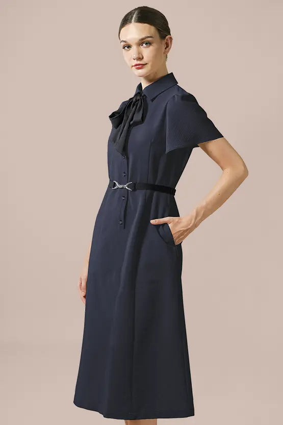 Stretch Seersucker Bow-tie Shirt Dress