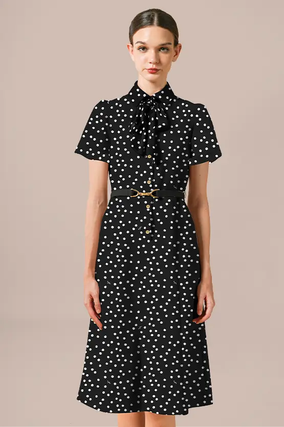 【ストレッチシフォン】モノトーンラージドット　ドラマチックワンピース