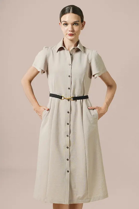 【ストレッチ】ボウタイ付きシャツワンピース