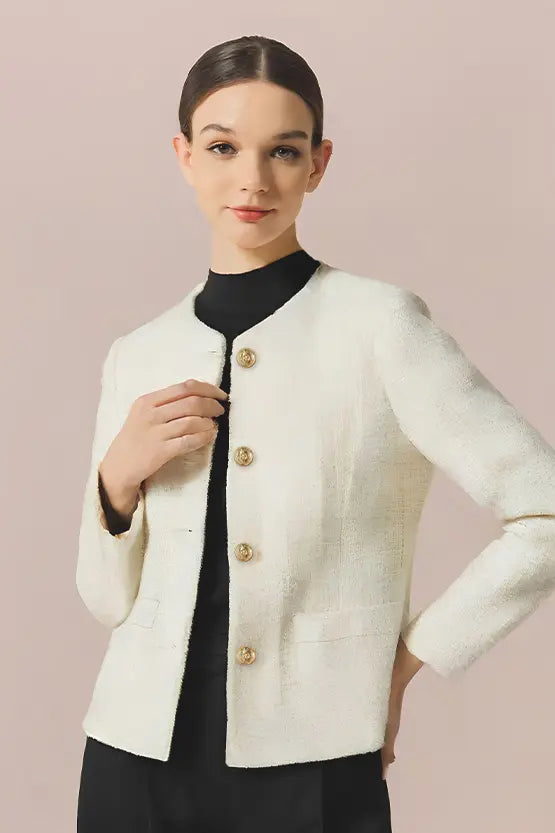 Stretch Lame Tweed:No-Collar Short Jacket