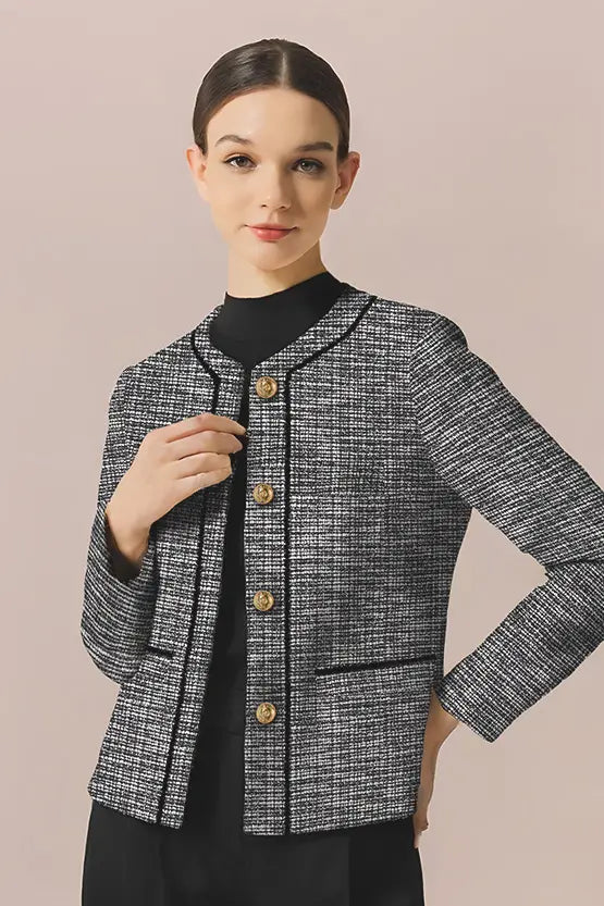 Stretch Lame Tweed:No-Collar Short Jacket