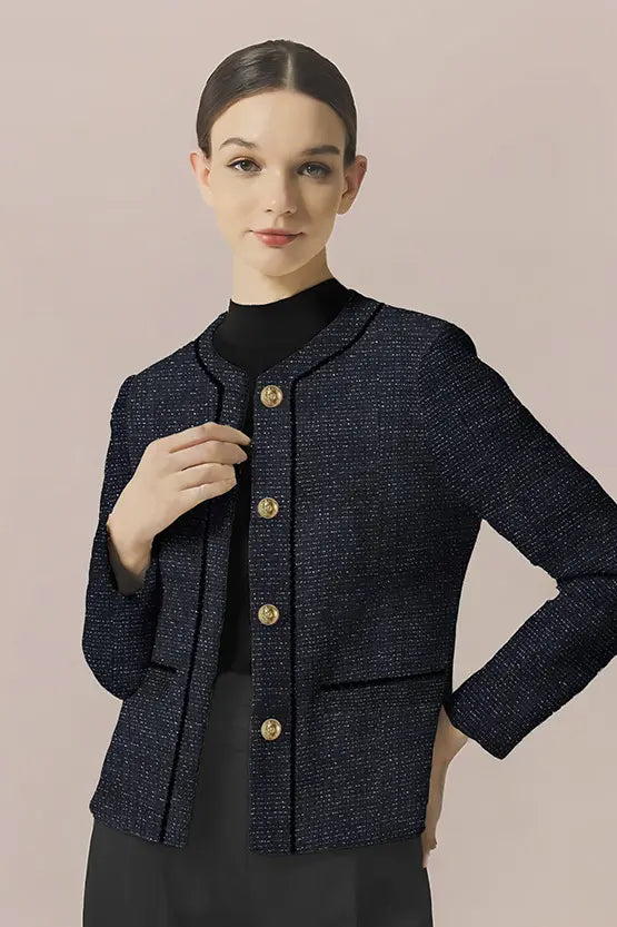 Stretch Lame Tweed:No-Collar Short Jacket