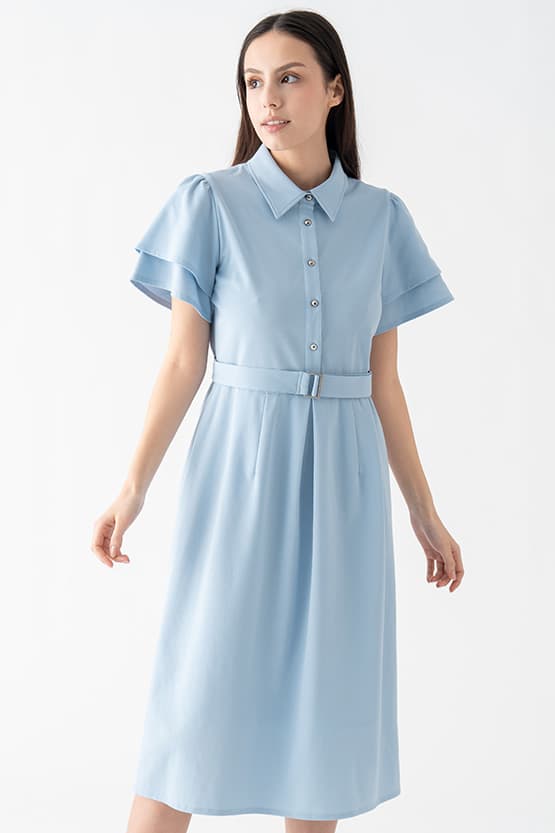 コットン混 スカイブルー　シャツワンピース