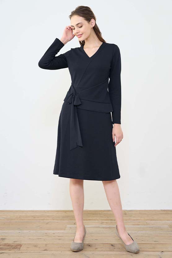 Double Jersey Navy V-neck Docking A-Line Dress