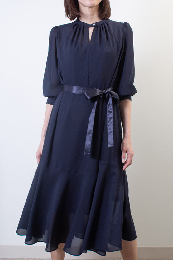 【ストレッチシフォン】ネイビー　ロングマーメイドワンピース