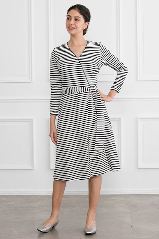 White x Black Stripe Wrap-style Dress