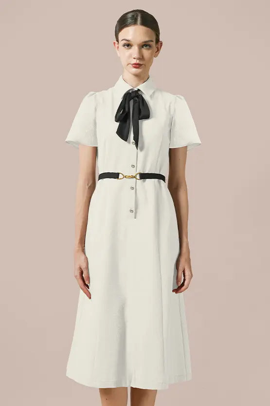 Stretch Seersucker Bow-tie Shirt Dress