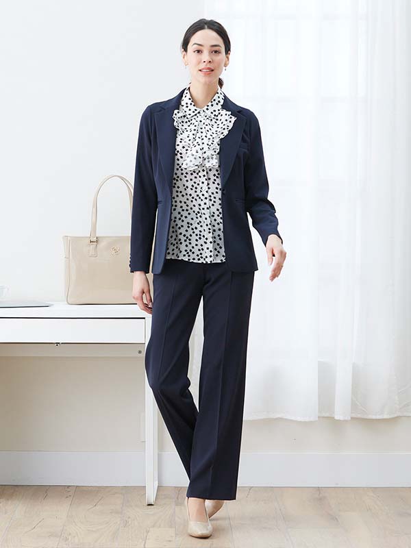 【ストレッチシフォン】 ホワイトクローバー　衿付きフリルブラウス