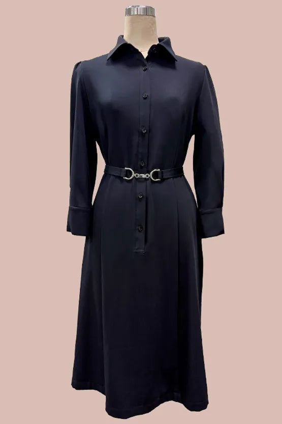 [Smart Stretch Light] Dark navy shirt dress with bowtie