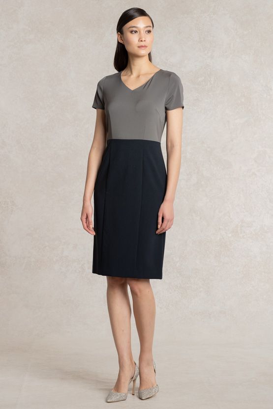 Charcoal x Navy V-neck I-line Docking Dress