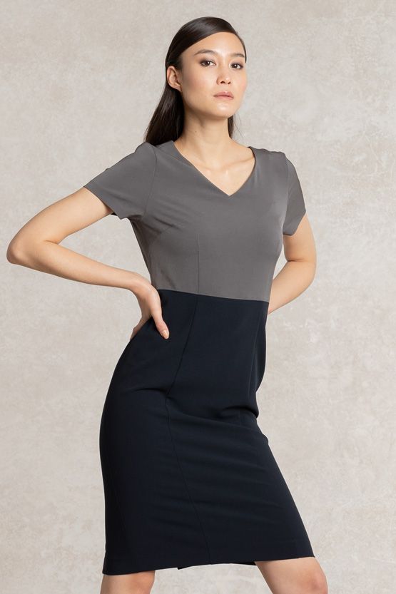 Charcoal x Navy V-neck I-line Docking Dress