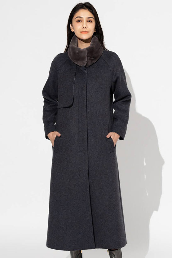 Navy Brown Fur-free Long Coat