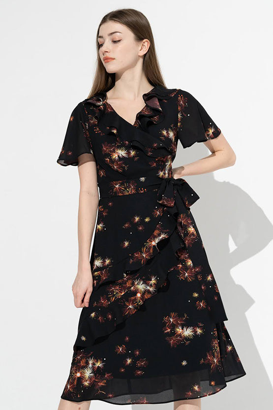【ストレッチシフォン】 線香花火　フリルシフォンワンピース