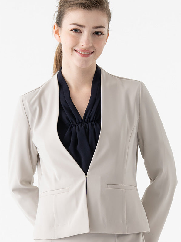 Double Jersey Greige Front Hook Collarless Jacket