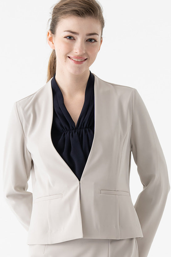 Double Jersey Greige Front Hook Collarless Jacket