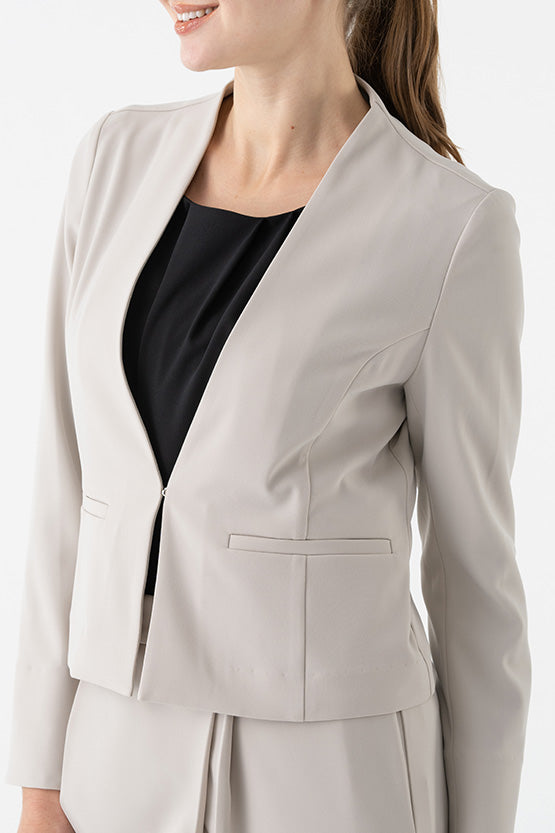 Double Jersey Greige Front Hook Collarless Jacket