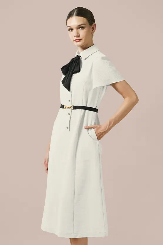 Stretch Seersucker Bow-tie Shirt Dress