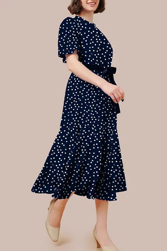 【ストレッチシフォン】ネイビーラージドット　ロングマーメイドワンピース
