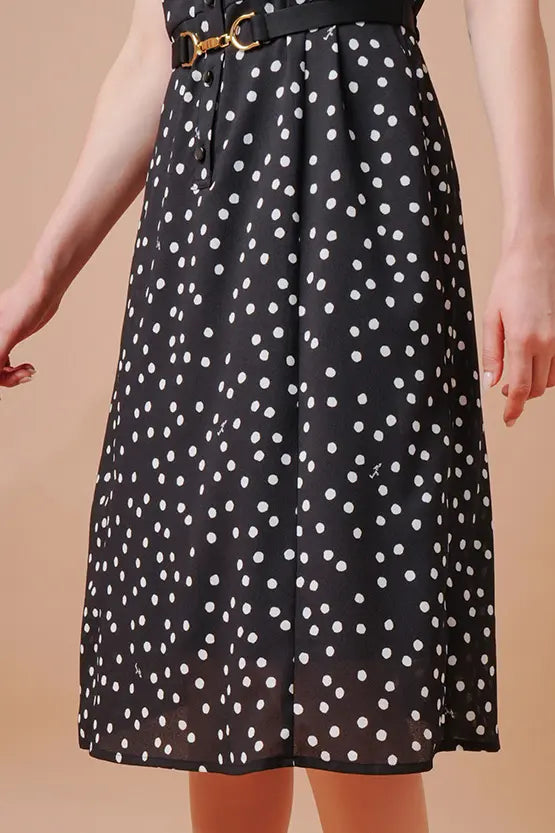 【ストレッチシフォン】モノトーンラージドット　ドラマチックワンピース