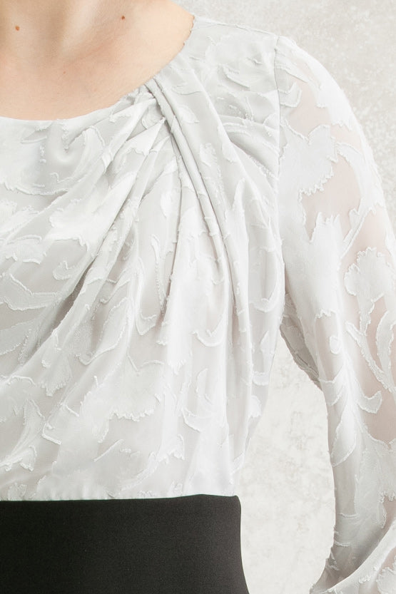 Gray Chiffon × Black Décolleté Tuck Dress