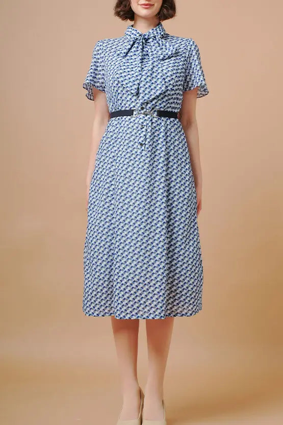 【ストレッチシフォン】クリスタル　ボウタイ付きシャツワンピース