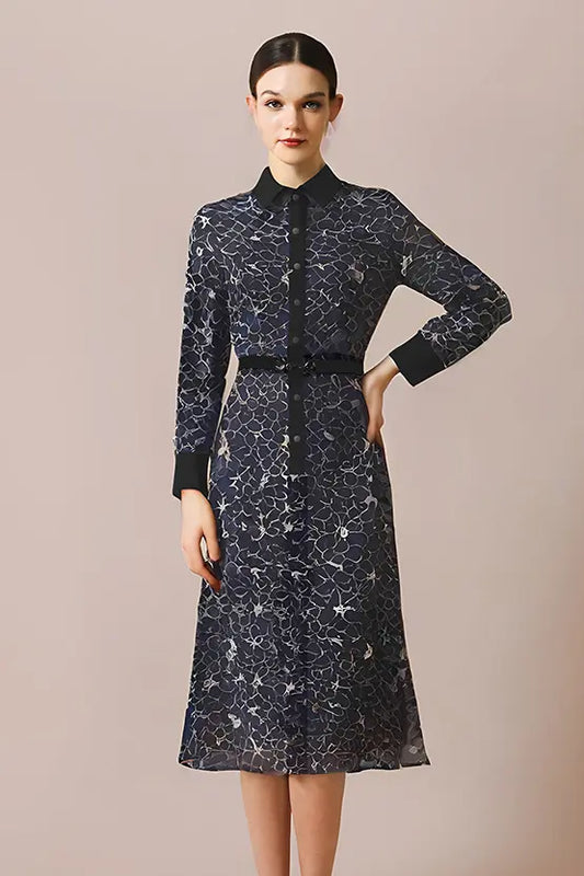 Stretch Lace:  Navy Blooming Lace Shirt Dress