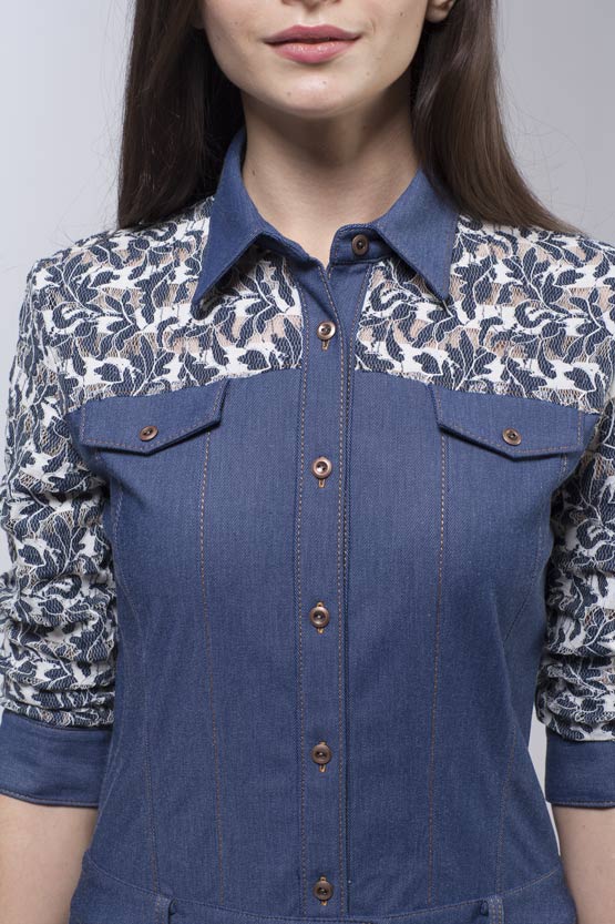 Stretch Denim and Lace Shirtdress