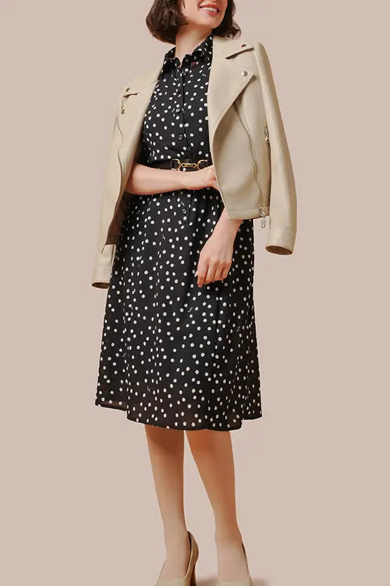 【ストレッチシフォン】モノトーンラージドット　ドラマチックワンピース