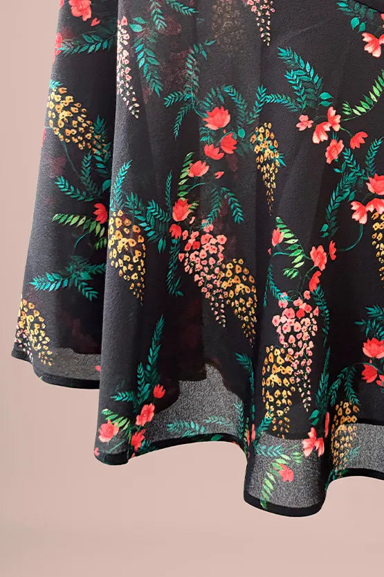 Stretch Chiffon:Black Garden Mermaid Dress With Tie