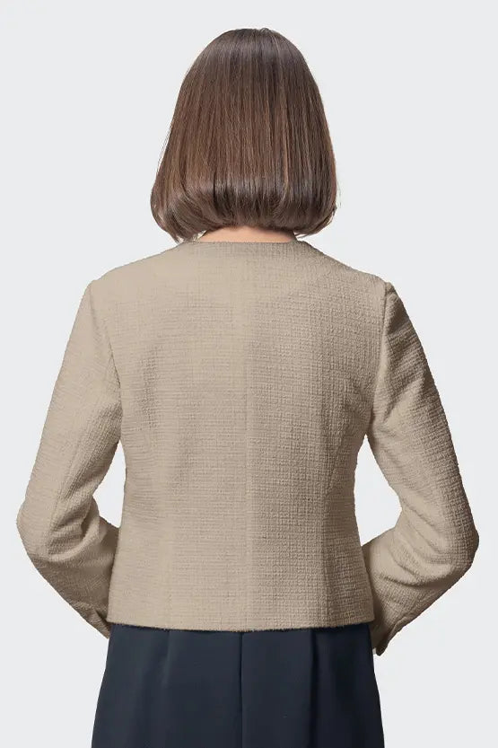 Stretch Lame Tweed:No-Collar Short Jacket